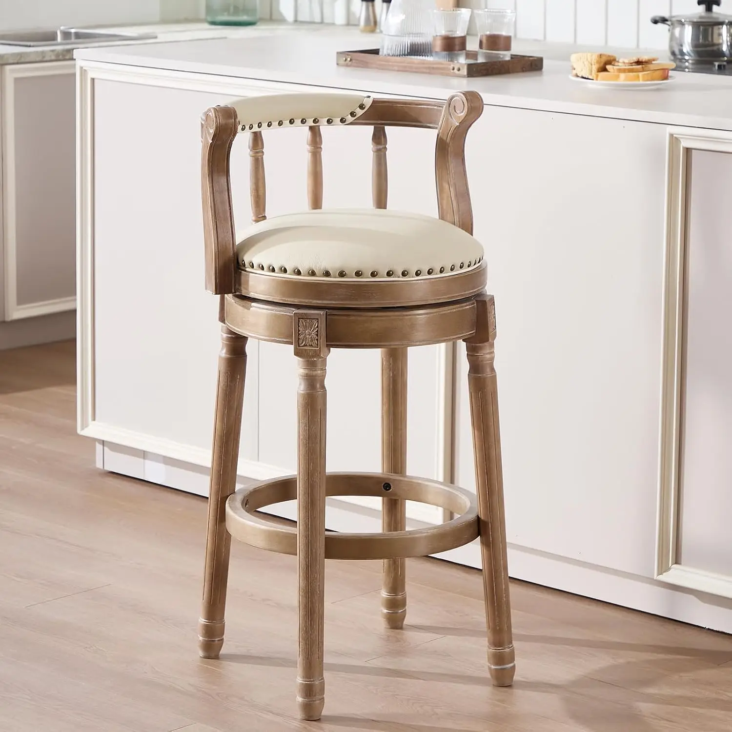 Commercial Kitchen Counter - Bar Stools Swivel Genuine Beige Leather